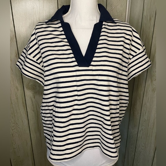 NWT Navy Maurices Collared Striped Blouse - Picture 1 of 5